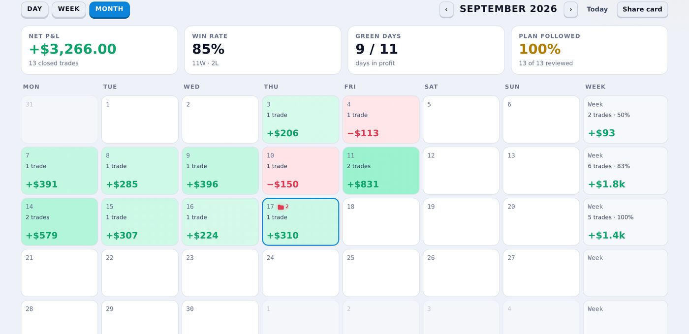 P&L calendar in light mode