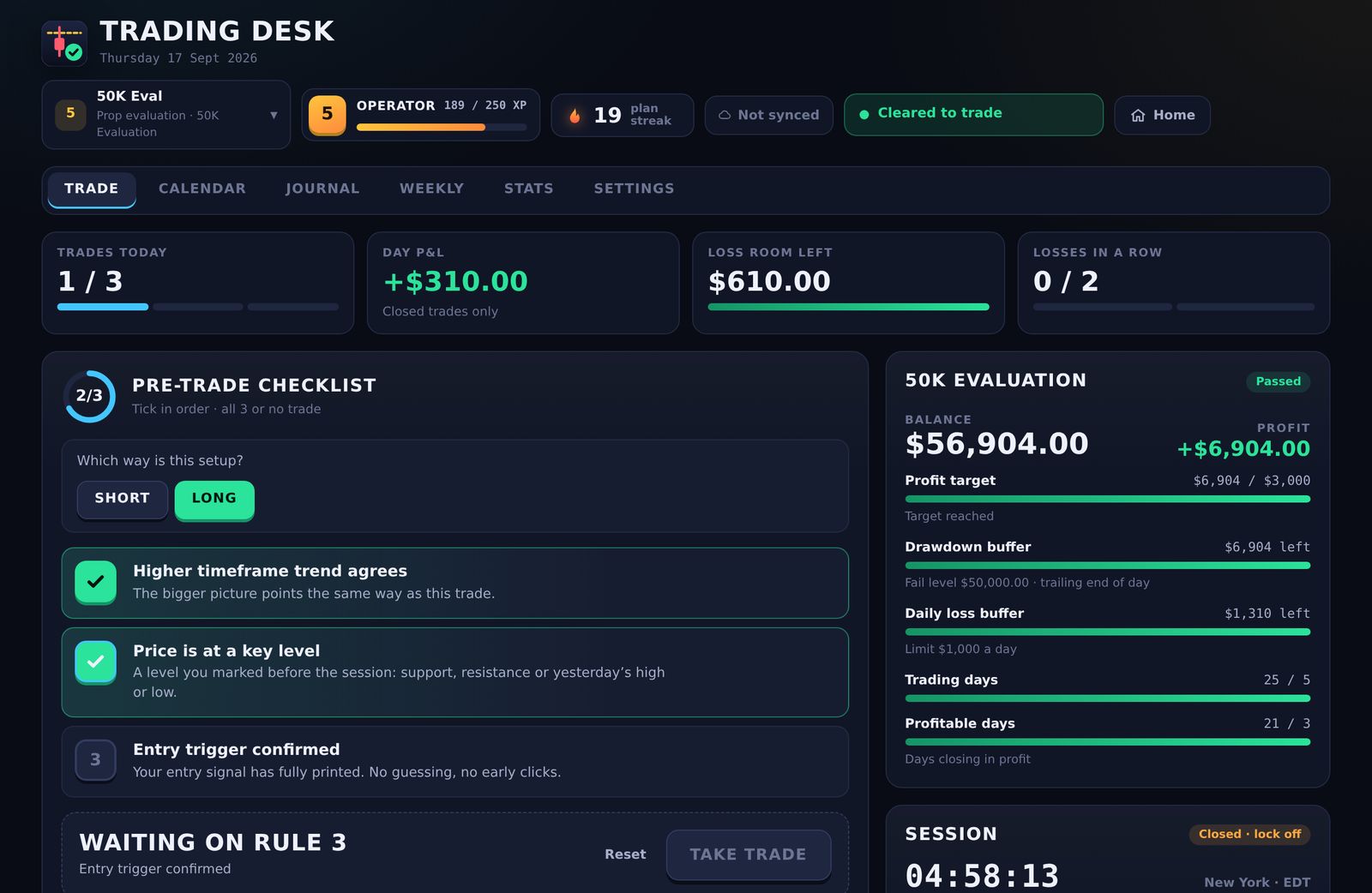 Trading Desk trade screen with a pre-trade checklist, daily stats and a prop firm account tracker